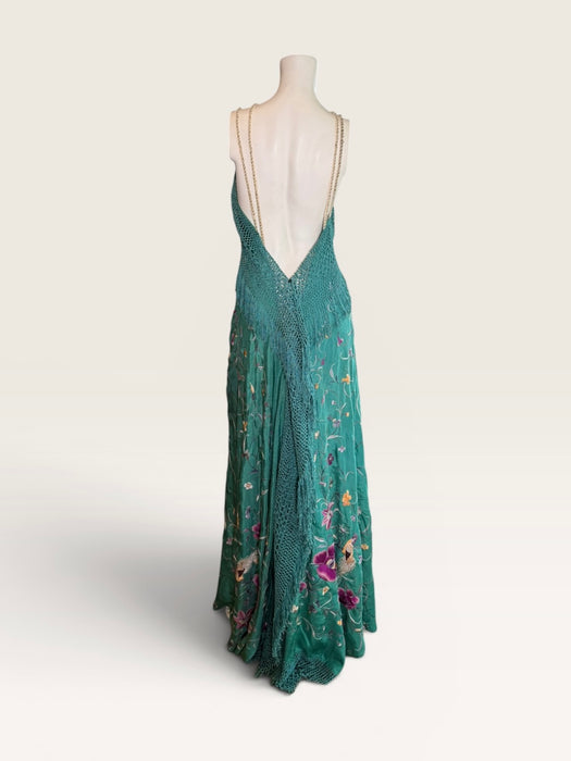 Dora, reworked 1940s silk embroidered fringed piano shawl dress