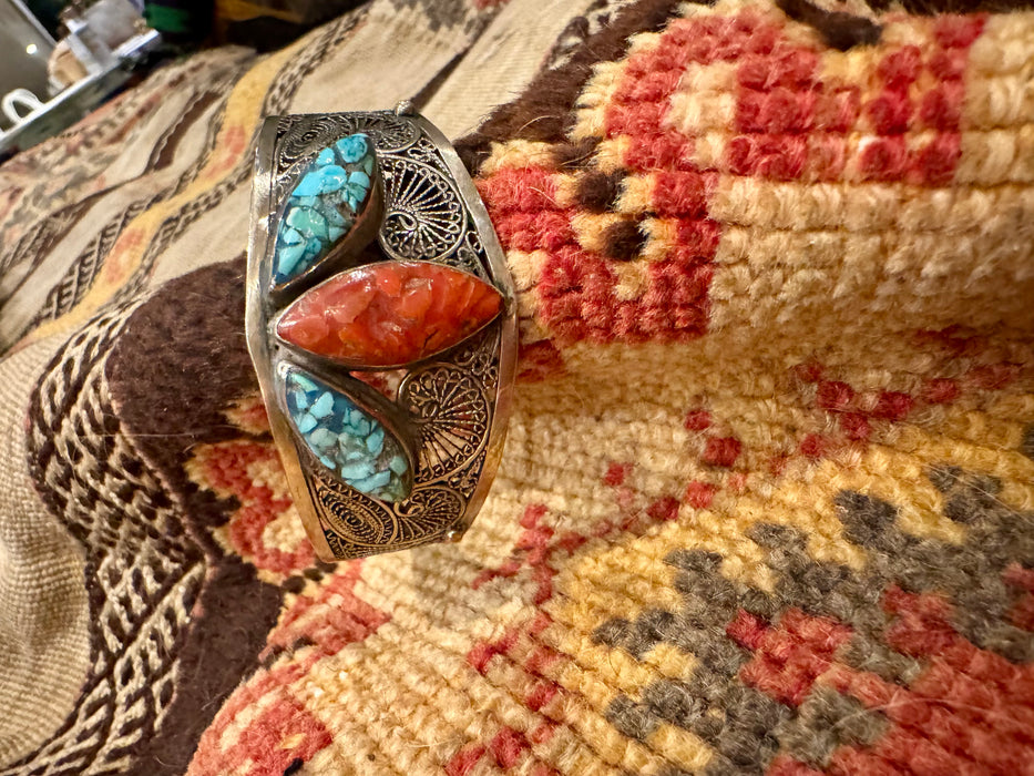 Mona, antique sterling silver turquoise and coral cuff