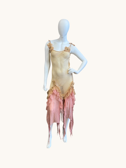 Laine, bias cut silk chiffon and pink dyed handkerchief dress with rosettes