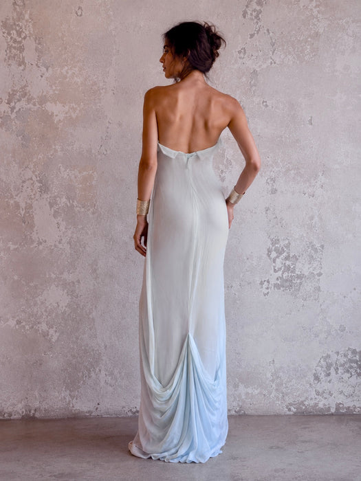 J Mendel, duck egg blue, chiffon draped corseted dress