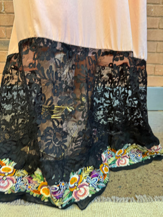 Shirah, 20s peach silk and black lace dress