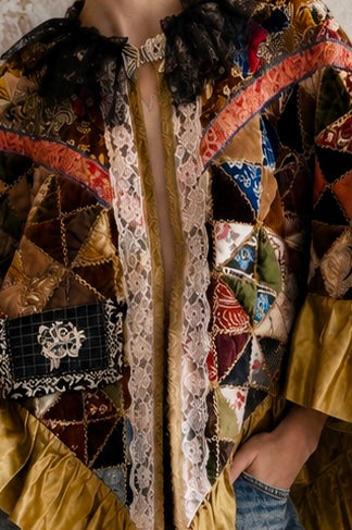 Patricia, reworked Victorian patchwork jacket with lace collar and side pocket