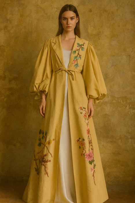 Magda, 40s silk coat with floral embroidery and voluminous sleeves