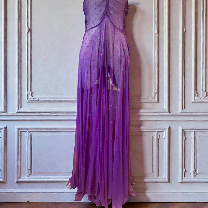 Dusty, 30s purple chiffon dress with green rhinestone and beaded front – One Vintage