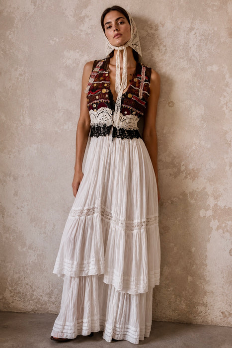 Natalia, reworked Victorian tiered skirt and Afghan beaded dress