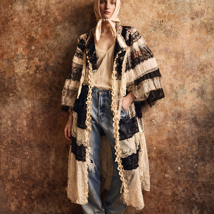 Moldova, reworked antique lace and embroidered ribbon coat