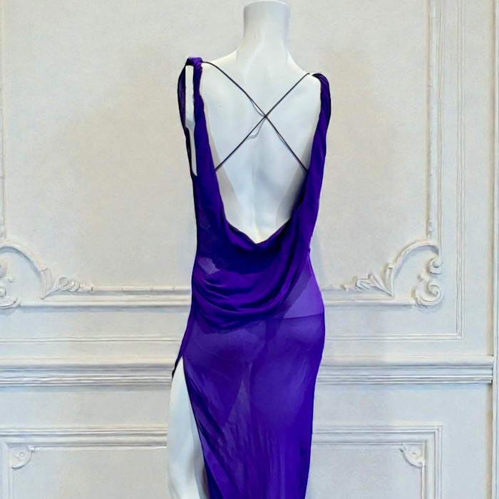 Axil, 90s purple silk chiffon bias cut dress with cowl neck