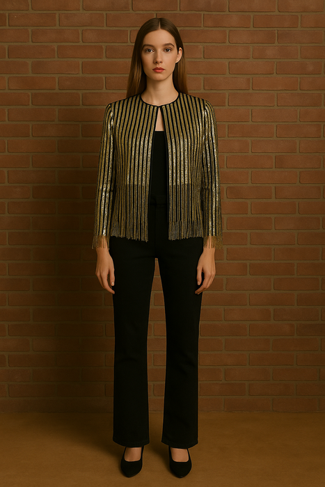 Oscar de la Renta, Y2K beaded gold and black fringed jacket
