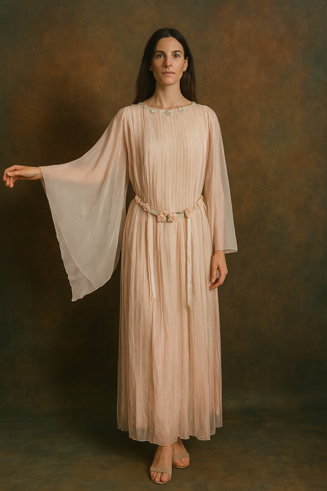 Adan, 30s blush pink silk chiffon angel sleeve pleated dress with florals and a ribbon tie