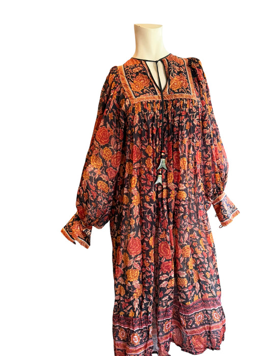 Anchor, 70s silk Indian block print balloon sleeves belted dress