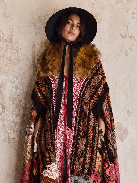 Stacey, reworked 1930, wool embroidered cape with faux fur collar