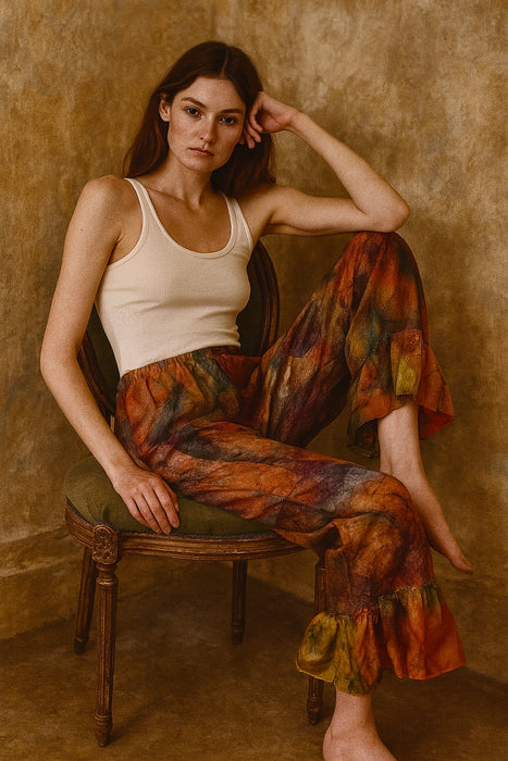 Petra, reworked hand painted elasticated frill trousers