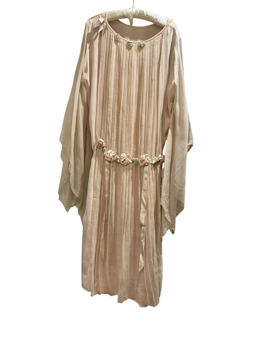 Adan, 30s blush pink silk chiffon angel sleeve pleated dress with florals and a ribbon tie