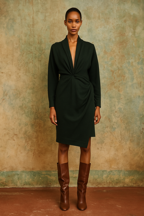 Donna Karen, Y2K bottle green wool draped wrap over dress