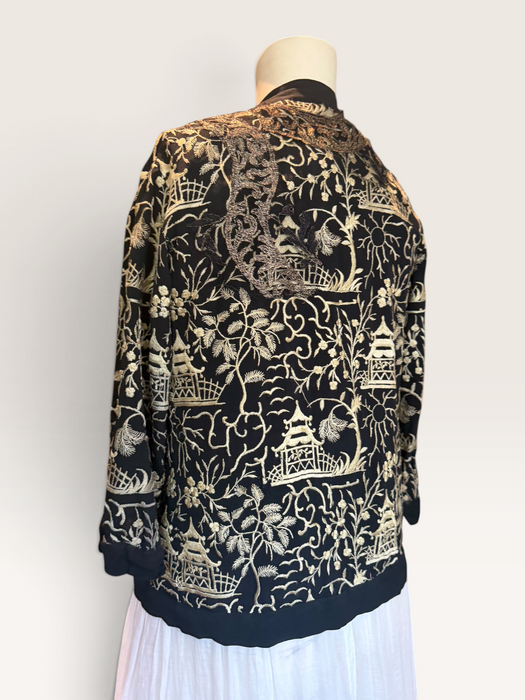 Pagoda, 1930s Chinese embroidered silk jacket with metallic gold embroidery