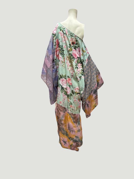 Aline, reworked silk 70s hand painted patchwork parachute kaftan