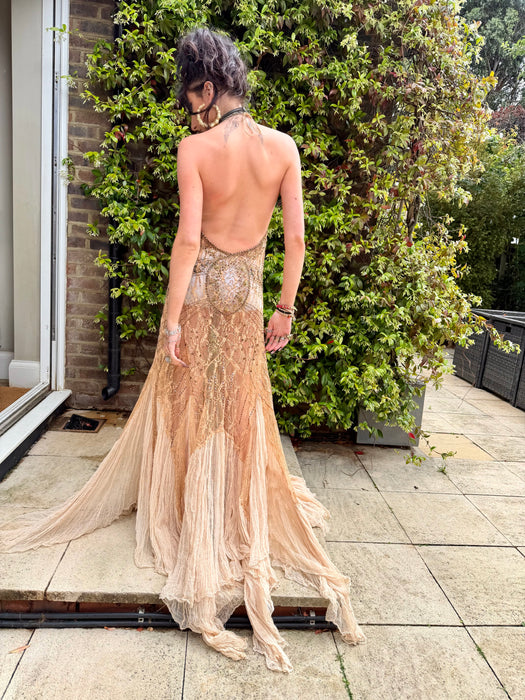 Sienna, reworked 90s beaded soft gold dress with cheesecloth inserts