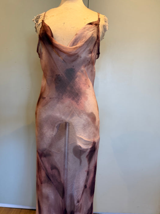 Monique, 90s antique pink hand dyed silk chiffon bias cut sheer dress