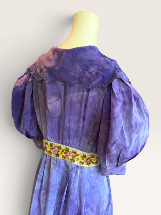 Hyacinth, 30s hand dyed silk robe with Edwardian ribbon florals
