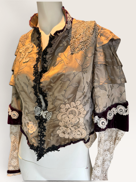 Carlotta, reworked Victorian silk damask and lace boned beaded jacket