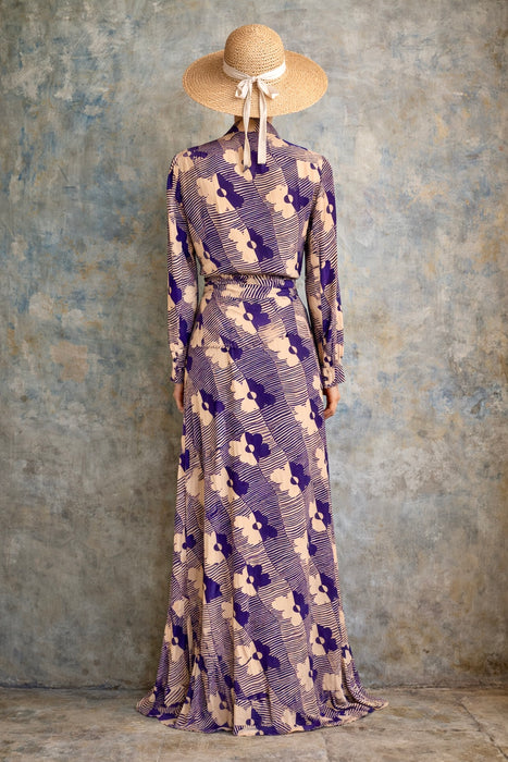 Mary, 70s silk floral print halter dress, bolero and belt