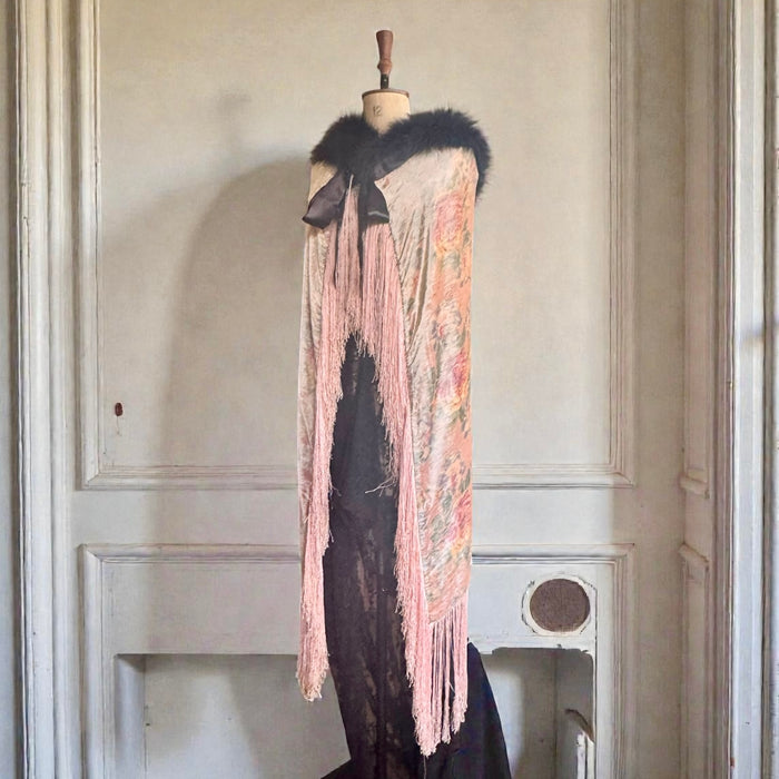 Wilma, 20s floral fringed velour cape with black feather collar and tie