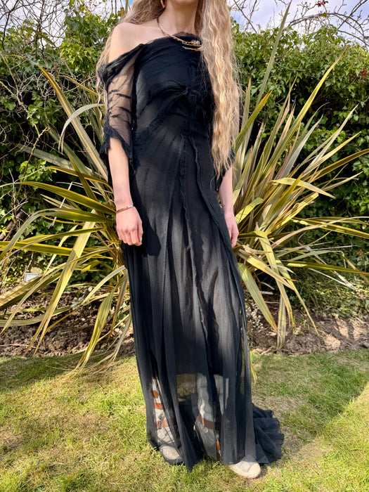 Stevie, 30s black net assymetric pleated gown