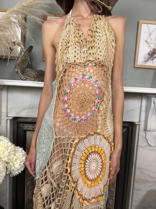 Omnia, vintage floral crochet long dress