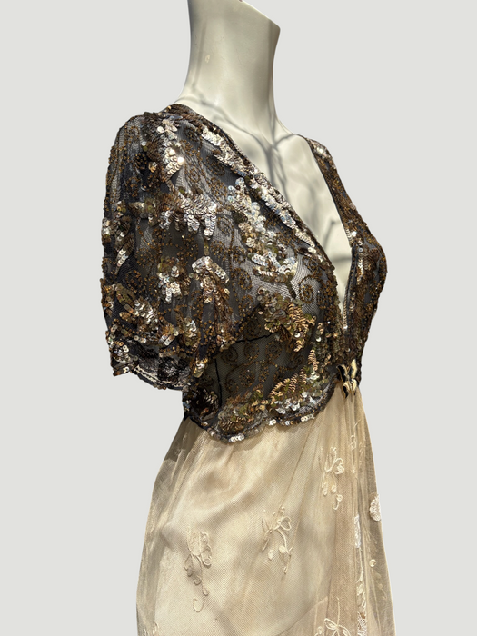 Daisy, 20s black and gold floral sequins and Victorian ecru lace dress
