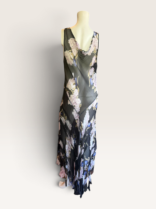 Taylor, 90s beaded bias cut floral print asymmetric dress