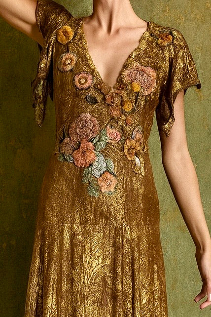 Astrid, 20s bronze/gold bias cut lamé dress with 18thC chenille floral accents