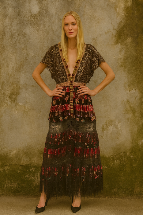 Melo, reworked 20s Assuit, velevet and fringed dress