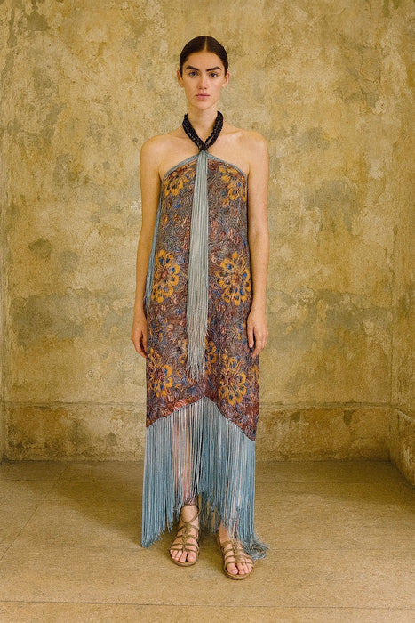 Norme, 20s floral fringed lamé dress