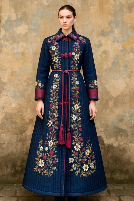 Tara, Victorian silk embroidered floral quilted long coat