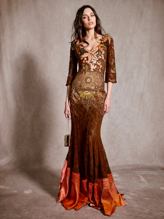Arlo, 1930s burnt orange lace bias cut dress with Edwardian metallic embroidery and hand made silk florals