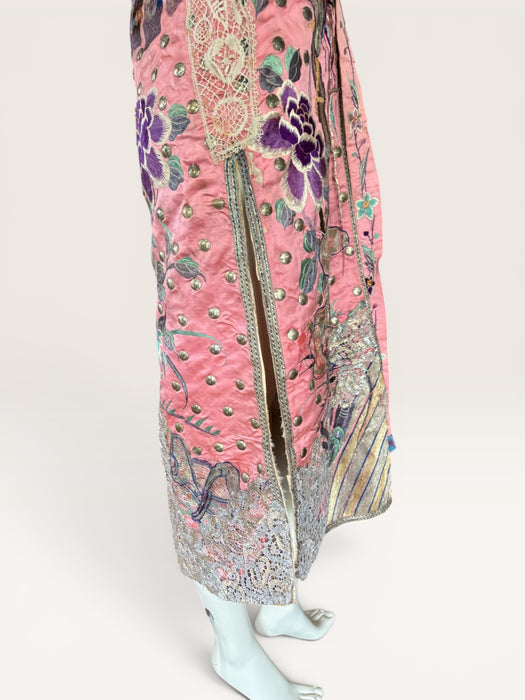 Adage, 19thC pink silk embroidered Chinese long waistcoat with feather collar