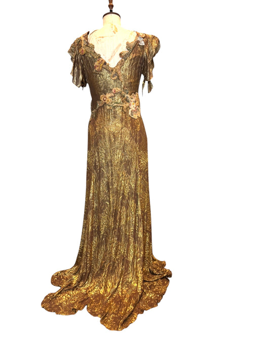 Astrid, 20s bronze/gold bias cut lamé dress with 18thC chenille floral accents