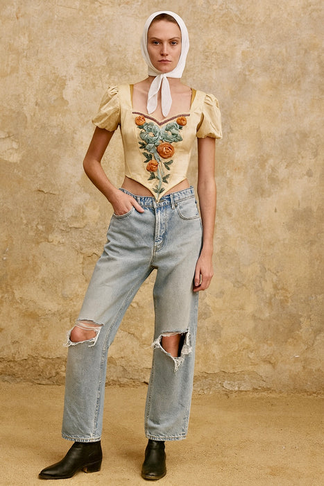 Martha, Victorian silk boned bodice with velvet ribbon flowers