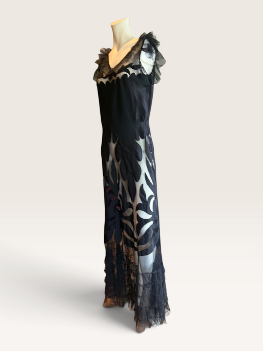 Oriel, 30s black net silk cut out frill dress