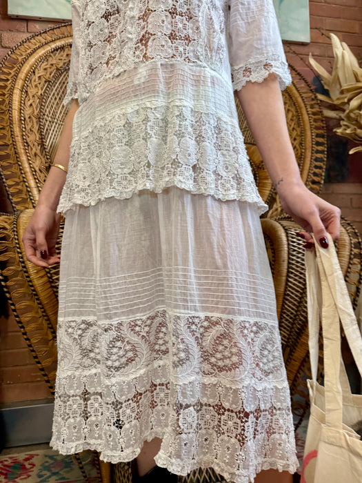 Hoare, 20s white cotton and lace dress