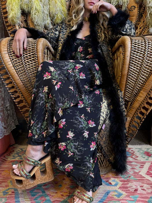 Colette, 30s lack and gold print robe with feather hem