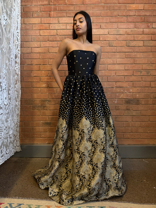 Alice, Y2K silk jacquard black and gold dress