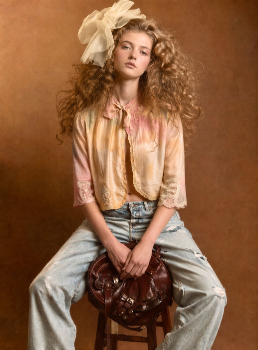 Kaz, hand dyed 30s silk and lace bolero with necktie and side pocket