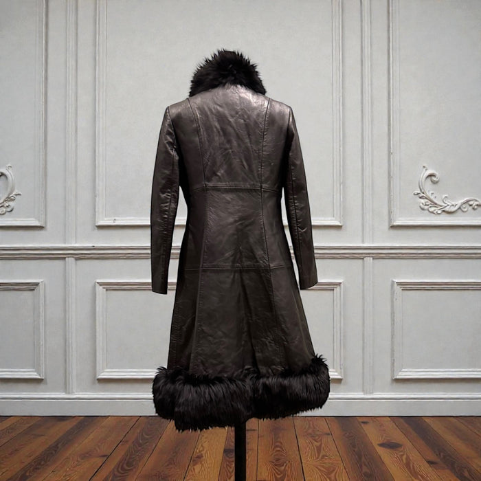 Ali, 70s original black leather and faux fur buckle coat