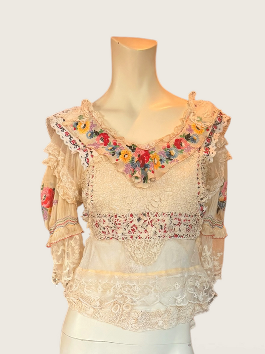 Paulina, reworked antique lace blouse with Romanian silk embroidered sleeves and collar