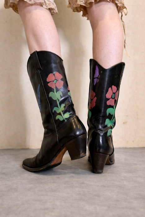 Dallas, 70s black leather hand painted cowboy boots
