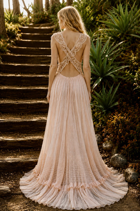 Rosa, reworked Victorian tape-work cream top and pink organza tiered skirt