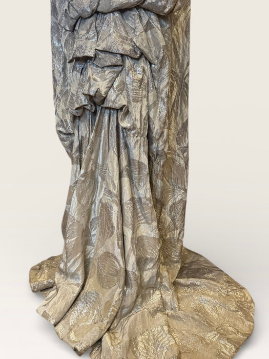 Monica, 20s silver floral lamé dress with bustle train