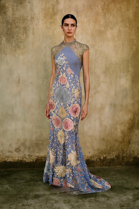 Mina, reworked floral embroidered long piano shawl gown