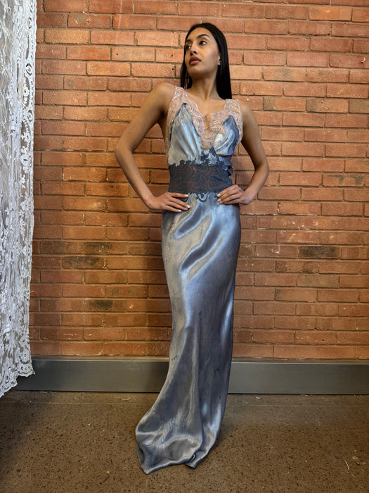 Azure, 20s bias cut hand dyed dress with lace detail